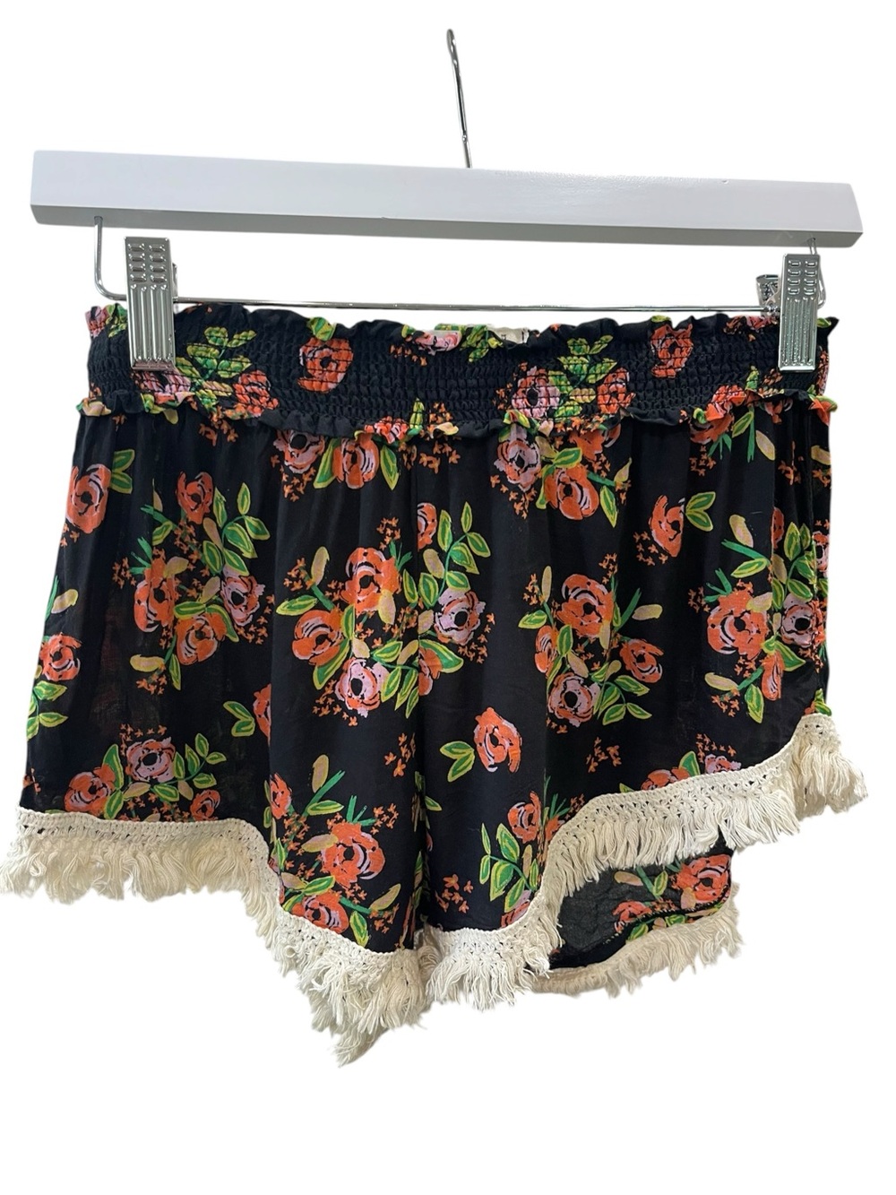 Natural Life Fringed Floral Shorts SZ S Black Pink